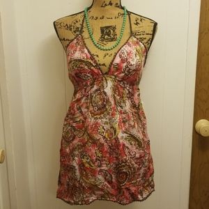 Pink Brown Paisley Crochet Trim Empire Halter Top